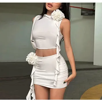 Women Ruffle 2 Piece Skirt Sets Y2k Sheer Mesh Crop Top Bodycon Mini Short Skirt Fringed Tassels Suit Sets A-white