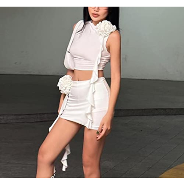 Women Ruffle 2 Piece Skirt Sets Y2k Sheer Mesh Crop Top Bodycon Mini Short Skirt Fringed Tassels Suit Sets A-white