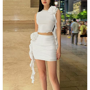 Women Ruffle 2 Piece Skirt Sets Y2k Sheer Mesh Crop Top Bodycon Mini Short Skirt Fringed Tassels Suit Sets A-white