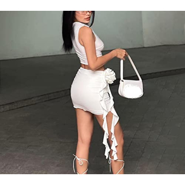 Women Ruffle 2 Piece Skirt Sets Y2k Sheer Mesh Crop Top Bodycon Mini Short Skirt Fringed Tassels Suit Sets A-white