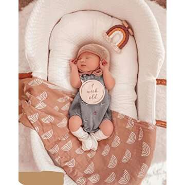 Miaoberry 100% Organic Cotton Muslin Baby Swaddle Blanket Set | Caramel Rainbow| Newborn Girl Unisex Neutral| Boho Vintage Rainbow Baby| Matching Hat Bow |