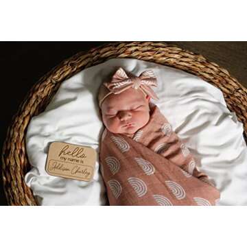 Miaoberry 100% Organic Cotton Muslin Baby Swaddle Blanket Set | Caramel Rainbow| Newborn Girl Unisex Neutral| Boho Vintage Rainbow Baby| Matching Hat Bow |