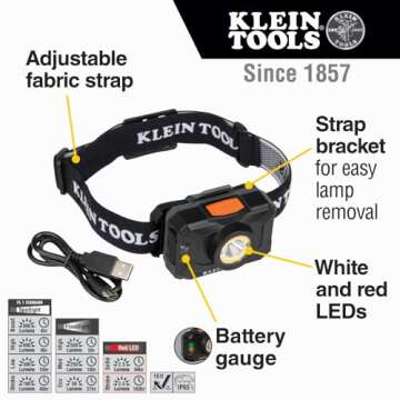 Klein Tools 56414 Rechargeable 2-Color LED Headlamp, Fabric Strap, Spotlight, Floodlight, Red LED, 8...