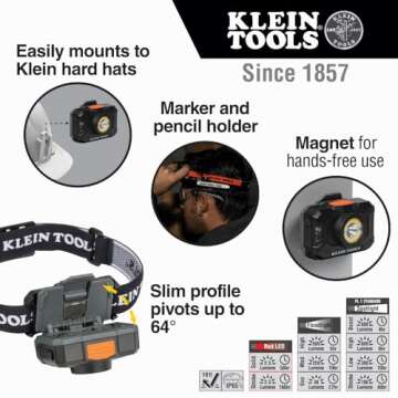 Klein Tools 56414 Rechargeable 2-Color LED Headlamp, Fabric Strap, Spotlight, Floodlight, Red LED, 800 Lumens, USB Cable, Camping, Running