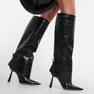 Vertundy Women's Fold Over Boots - Pointed Toe Stiletto Heel Slip On Knee High Boot Fashion Sexy Dress Boot Lady