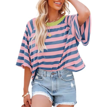 Dokotoo Summer Womens Tops for Women Cute Crop Tops Striped Oversized Tshirts Short Sleeve Shirts Wo...