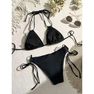 WDIRARA Women's 2 Piece Floral Appliques Swimsuits Halter String Triangle Bikini Set Beach Bathing S...