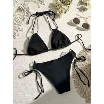 WDIRARA Women's 2 Piece Floral Appliques Swimsuits Halter String Triangle Bikini Set Beach Bathing S...