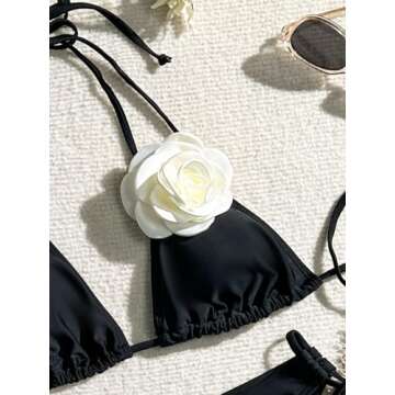 WDIRARA Women's 2 Piece Floral Appliques Swimsuits Halter String Triangle Bikini Set Beach Bathing Suit Black Medium