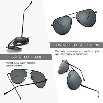 SUNGAIT Aviator Polarized Sunglasses UV400 Protection for Men Women Vintage Retro Style (Black Frame/Non-mirrored Grey Lens,60) 1603HKHU