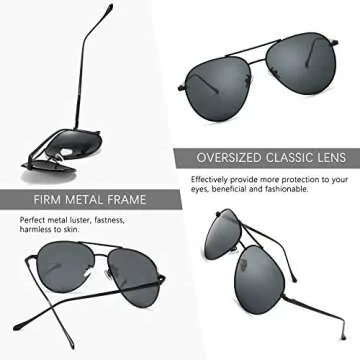 SUNGAIT Aviator Polarized Sunglasses UV400 Protection for Men Women Vintage Retro Style (Black Frame/Non-mirrored Grey Lens,60) 1603HKHU