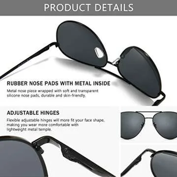 SUNGAIT Aviator Polarized Sunglasses UV400 Protection for Men Women Vintage Retro Style (Black Frame/Non-mirrored Grey Lens,60) 1603HKHU