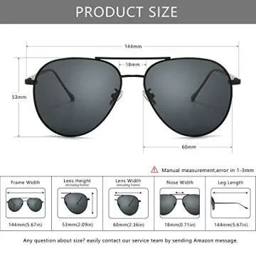SUNGAIT Aviator Polarized Sunglasses UV400 Protection for Men Women Vintage Retro Style (Black Frame/Non-mirrored Grey Lens,60) 1603HKHU
