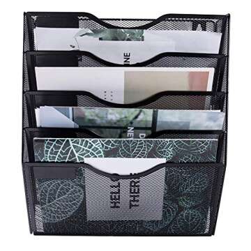 EASEPRES 5 Pocket Mesh Hanging Wall File Organizer, Wall Mounted Mail Paper Document Folder Holder, Clipboard Storage Organization Magazine Rack with Nametag Label for Office Home School, Black
