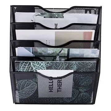 EASEPRES 5 Pocket Mesh Hanging Wall File Organizer, Wall Mounted Mail Paper Document Folder Holder, Clipboard Storage Organization Magazine Rack with Nametag Label for Office Home School, Black