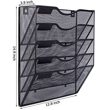 EASEPRES 5 Pocket Mesh Hanging Wall File Organizer, Wall Mounted Mail Paper Document Folder Holder, Clipboard Storage Organization Magazine Rack with Nametag Label for Office Home School, Black