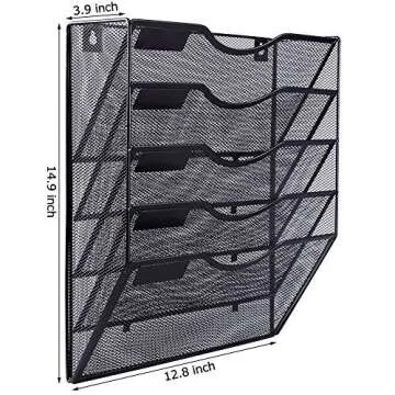 EASEPRES 5 Pocket Mesh Hanging Wall File Organizer, Wall Mounted Mail Paper Document Folder Holder, Clipboard Storage Organization Magazine Rack with Nametag Label for Office Home School, Black