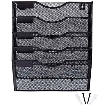 EASEPRES 5 Pocket Mesh Hanging Wall File Organizer, Wall Mounted Mail Paper Document Folder Holder, Clipboard Storage Organization Magazine Rack with Nametag Label for Office Home School, Black