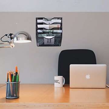 EASEPRES 5 Pocket Mesh Hanging Wall File Organizer, Wall Mounted Mail Paper Document Folder Holder, Clipboard Storage Organization Magazine Rack with Nametag Label for Office Home School, Black