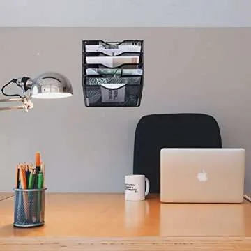 EASEPRES 5 Pocket Mesh Hanging Wall File Organizer, Wall Mounted Mail Paper Document Folder Holder, Clipboard Storage Organization Magazine Rack with Nametag Label for Office Home School, Black