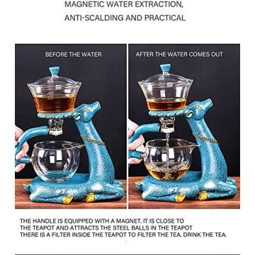RORA Glass Teapot Set Semi Automatic Drip Rotating with Infuser Lazy Kungfu Tea pot Set (Deer Teapot)