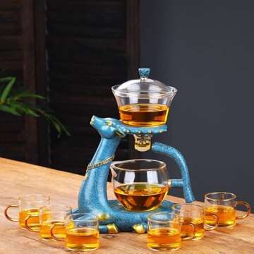 RORA Glass Teapot Set Semi Automatic Drip Rotating with Infuser Lazy Kungfu Tea pot Set (Deer Teapot)