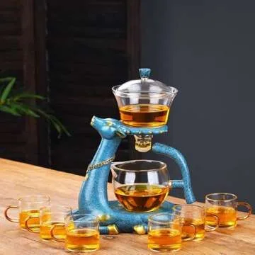 RORA Glass Teapot Set Semi Automatic Drip Rotating with Infuser Lazy Kungfu Tea pot Set (Deer Teapot)