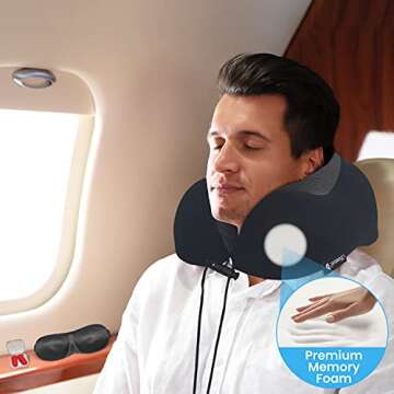Travel Pillow, Neck Pillow for Airplane Travel, with Pure Memory Foam Neck Pillow, 3D Contoured Eye Mask, Earplugs, and Luxury Bag, by SamiraL