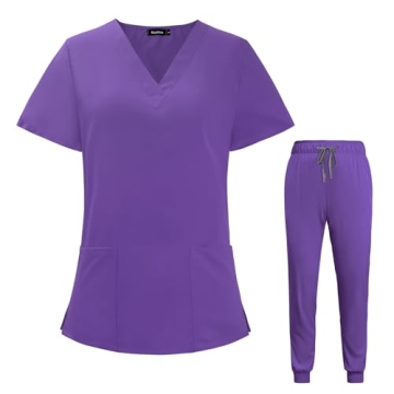 VIAOLI Women's Scrubs Set V-Neck Top & Drawstring Pants - Stylish & Comfortable Nursing Uniform