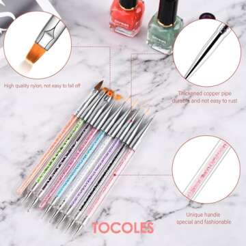 TOCOLES Nail Art Brushes 9PCS Nail Brush Set with Liner Brush and Dotting Pens for Home and Professional Salon Use