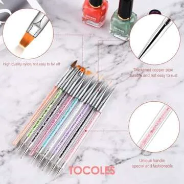 TOCOLES Nail Art Brushes 9PCS Nail Brush Set with Liner Brush and Dotting Pens for Home and Professional Salon Use