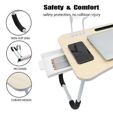Eternal Wings Laptop Bed Desk,Portable Foldable Laptop Tray Table with USB Charge Port/Cup Holder/Storage Drawer,for Bed/Couch/Sofa Working, Reading (Wood Color)