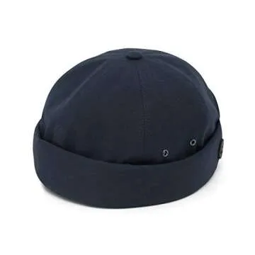 UNDERCONTROL Vintage Brimless Sailor Fisherman Leon Hat Rolled Cuff Harbour No Visor Miki Skull Docker Leather Strap Beanie Cap for Men & Women - Made in Korea - (Navy)