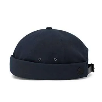UNDERCONTROL Vintage Brimless Sailor Fisherman Leon Hat Rolled Cuff Harbour No Visor Miki Skull Docker Leather Strap Beanie Cap for Men & Women - Made in Korea - (Navy)