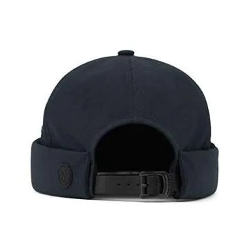 UNDERCONTROL Vintage Brimless Sailor Fisherman Leon Hat Rolled Cuff Harbour No Visor Miki Skull Docker Leather Strap Beanie Cap for Men & Women - Made in Korea - (Navy)