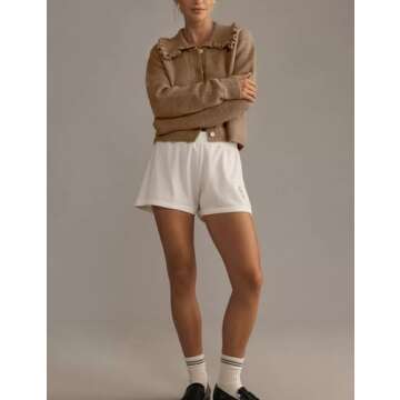 Arssm Womens Ruffle Collar Cardigan Cropped Button Down Open Front Sweaters Knitted Long Sleeve Spring 2025 Elegant Outwear(Brown-S)