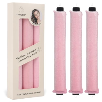 Luckybear Jumbo Heatless Hair Curler, 3pcs Pink Satin Flexi Rods - Heatless Curls, Soft Velvet Overn...