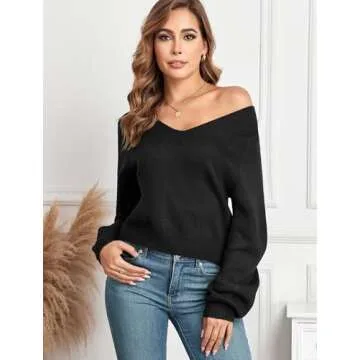 ZAFUL Women's Raglan Long Sleeve Double Side V Neck Short Sweater Casual Solid Cropped Knit Top Pullovers(Black,Medium)