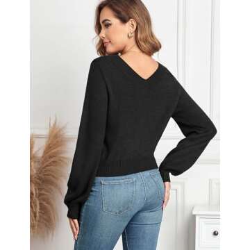 ZAFUL Women's Raglan Long Sleeve Double Side V Neck Short Sweater Casual Solid Cropped Knit Top Pullovers(Black,Medium)