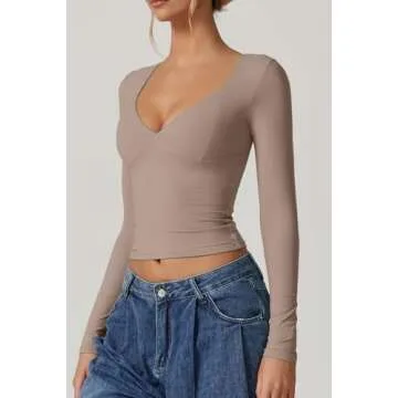 QINSEN Sexy V Neck Long Sleeve Tops for Women Double Lined Slim Fit T Shirts Going Out Top Rose Taupe S