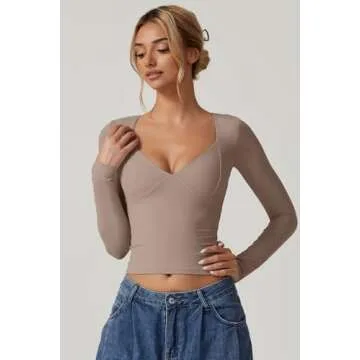 QINSEN Sexy V Neck Long Sleeve Tops for Women Double Lined Slim Fit T Shirts Going Out Top Rose Taupe S
