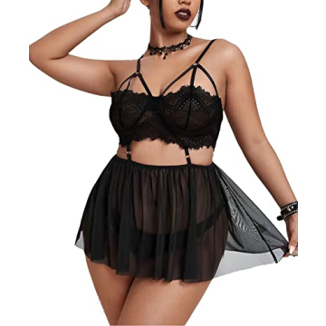 Pyroluna Women's Sexy Plus Size Lingerie Sheer Lace Babydoll Strappy Exotic Sleepwear Eyelash Split ...