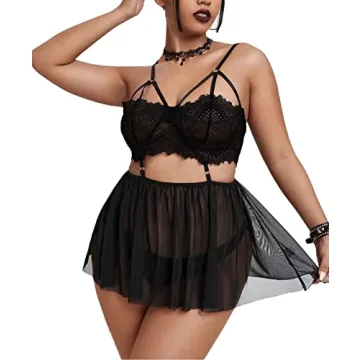 Pyroluna Women's Sexy Plus Size Lingerie Sheer Lace Babydoll Strappy Exotic Sleepwear Eyelash Split ...