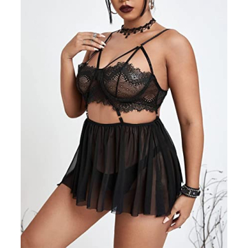 Pyroluna Women's Sexy Plus Size Lingerie Sheer Lace Babydoll Strappy Exotic Sleepwear Eyelash Split Cup Chemise XL-4XL (XX-Large, Black)