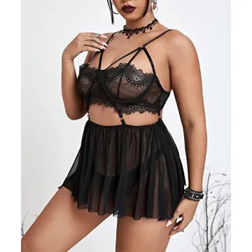 Pyroluna Women's Sexy Plus Size Lingerie Sheer Lace Babydoll Strappy Exotic Sleepwear Eyelash Split Cup Chemise XL-4XL (XX-Large, Black)