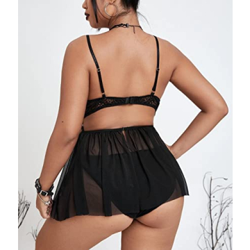 Pyroluna Women's Sexy Plus Size Lingerie Sheer Lace Babydoll Strappy Exotic Sleepwear Eyelash Split Cup Chemise XL-4XL (XX-Large, Black)