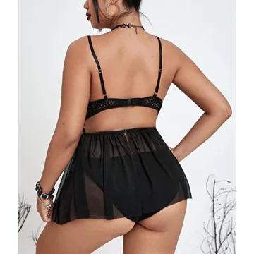 Pyroluna Women's Sexy Plus Size Lingerie Sheer Lace Babydoll Strappy Exotic Sleepwear Eyelash Split Cup Chemise XL-4XL (XX-Large, Black)