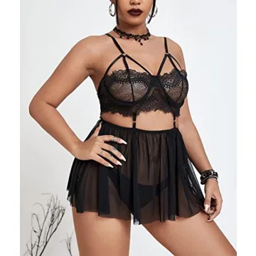 Pyroluna Women's Sexy Plus Size Lingerie Sheer Lace Babydoll Strappy Exotic Sleepwear Eyelash Split Cup Chemise XL-4XL (XX-Large, Black)
