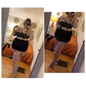 Pyroluna Women's Sexy Plus Size Lingerie Sheer Lace Babydoll Strappy Exotic Sleepwear Eyelash Split Cup Chemise XL-4XL (XX-Large, Black)