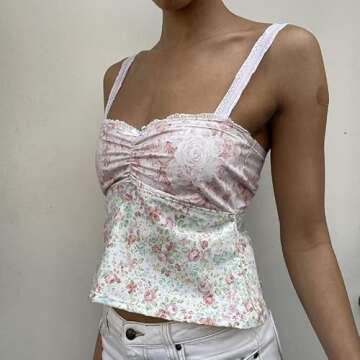 Sexy Spaghetti Strap Lace Crop Camisole Sleeveless Mesh V Neck Sexy Cami Top Y2K Slim Fit AdorableTik Tok Streetwear